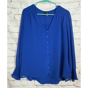 1 STATE Royal Blue Smocked V Neck Button Front Long Sleeve Blouse Women's XL